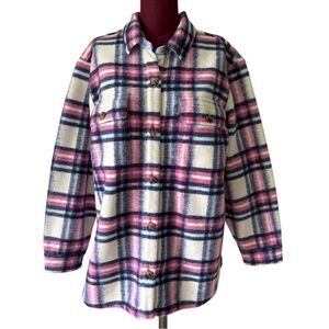 Vineyard Vines Brushed Shirt Jacket Shacket size M Plaid Cream Pink Purple Butto